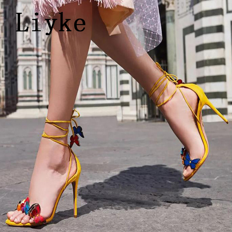 Liyke Summer Gladiator Women Sexy 8CM 10CM Sandals Fashion Butterfly Ankle Strap High Heels Ladies Open Toe Party Dress Shoes