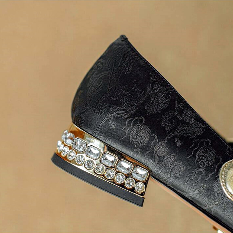 Retro Chunky Heel Mary Jane Shoe Women Fashion Print Buckle Strap Design Rhinestone Square Heel Flat Shoes Elegant Heels Sandals
