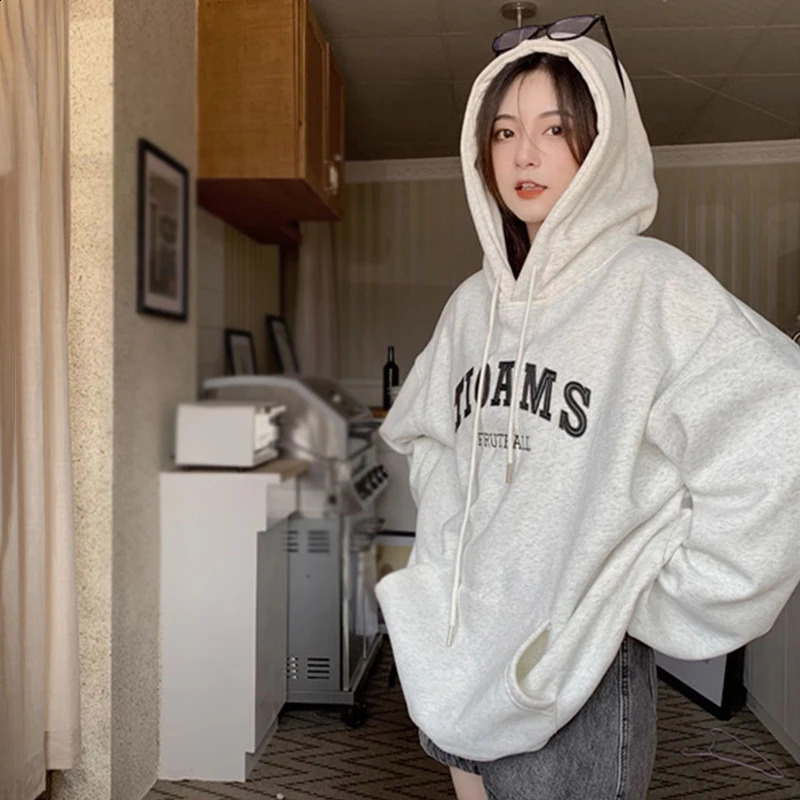 Womens hooded jacket with autumn and winter letter printing pockets loose casual fashionable long sleeved unisex mens 240814