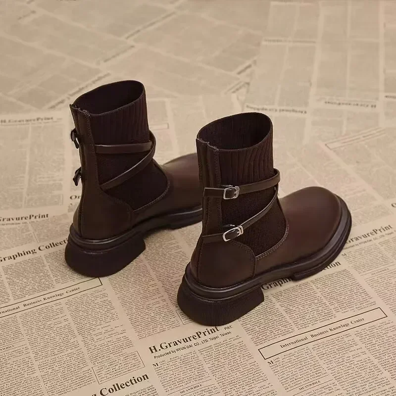 Female 2024 Ankle Women's Classics Modern Boots Stretch Slip on Round Toe Low Heel Belt Buckle Shoes Women