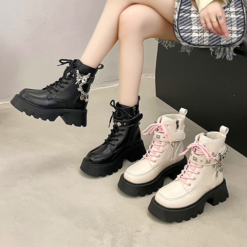 Platform Wedges Gothic Zipper Ankle Women's Metal Thick Heel Motorcycle Boots 2024 Autumn Lace-Up Fashion Booties 6a55 4