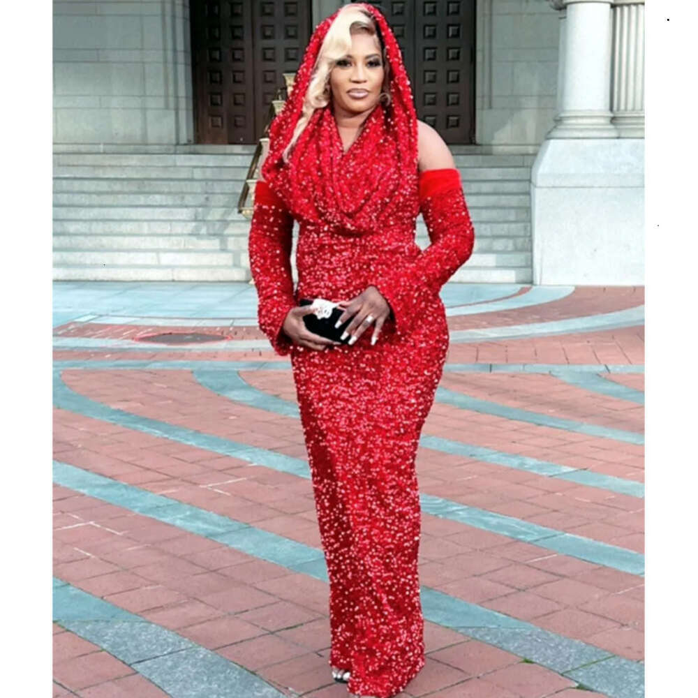 Arabic Aso Ebi Oct Sheath Red Prom Dress Sequined Lace Evening Formal Party Second Reception Birthday Engagement Gowns Dresses Robe De Soiree ZJ Es 02
