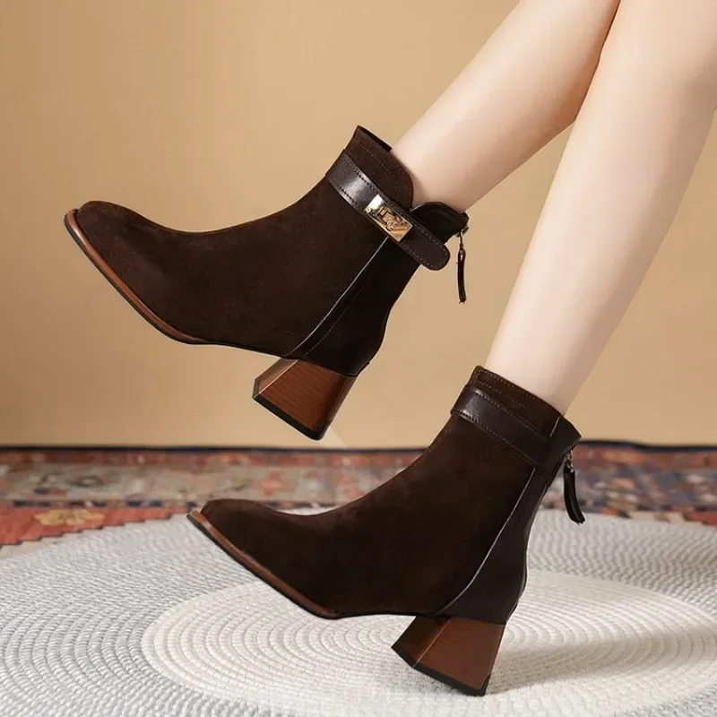 2024 Shoes Sheep Suede Short Boots Square Toe Chunky Heel for Winter Mature Women Solid