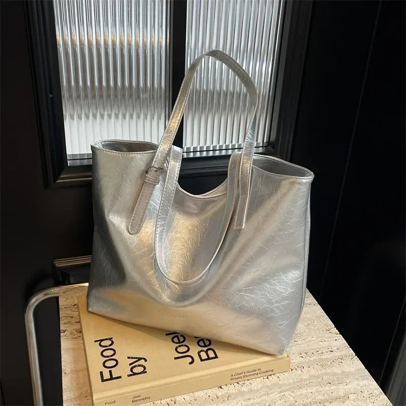 Large capacity solid color PU high-quality handbag buckle fashionable handbag soft and simple shoulder bag 240903