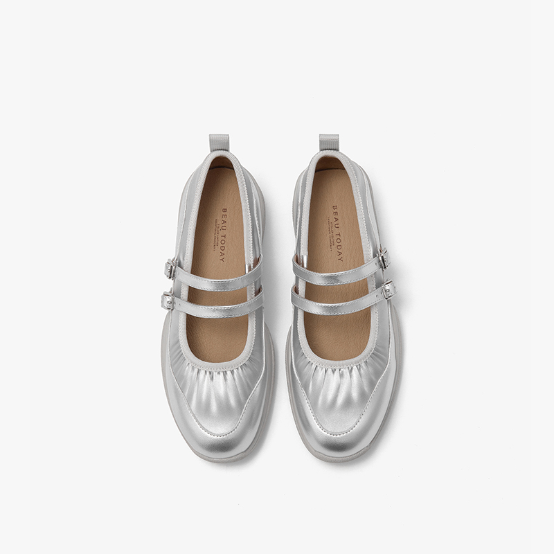 Mary BEAUTODAY Janes Women Genuine Leahter Double Buckle Straps Solid Color Shallow Sweet Ladies Ballet Shoes Handmade 25711 fdcd