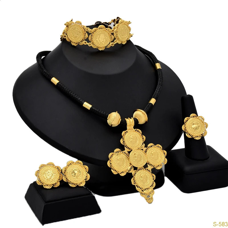 ANIID Indian Black Rope Set 24k Gold Color Coin Charm Jewelry Sets for Women Ethiopian Engagement Necklace Set Arab Party Gifts 240903