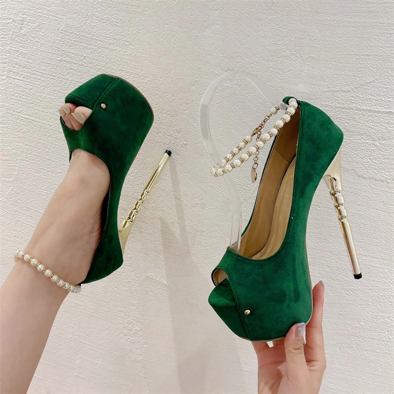 Eilyken New Sexy String Bead Buckle Strap New Women Pumps Fashion Peep Toe Super Stiletto High Heels Party Prom Mule Shoes c3f7