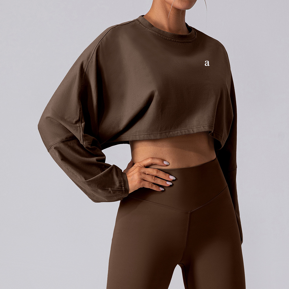 A488 Crew Neck Sweater Shirts Sports Short Bottoming Shirt Yoga Running Loose Long Sleeve Loose Top Women