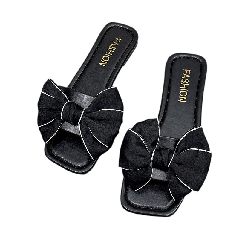 New 2024 Butterfly Knot Summer Beach Shoes Flat with Heel Slippers Women Sweet Bow Mulers Outside Sandals Square Toe Slipper b231