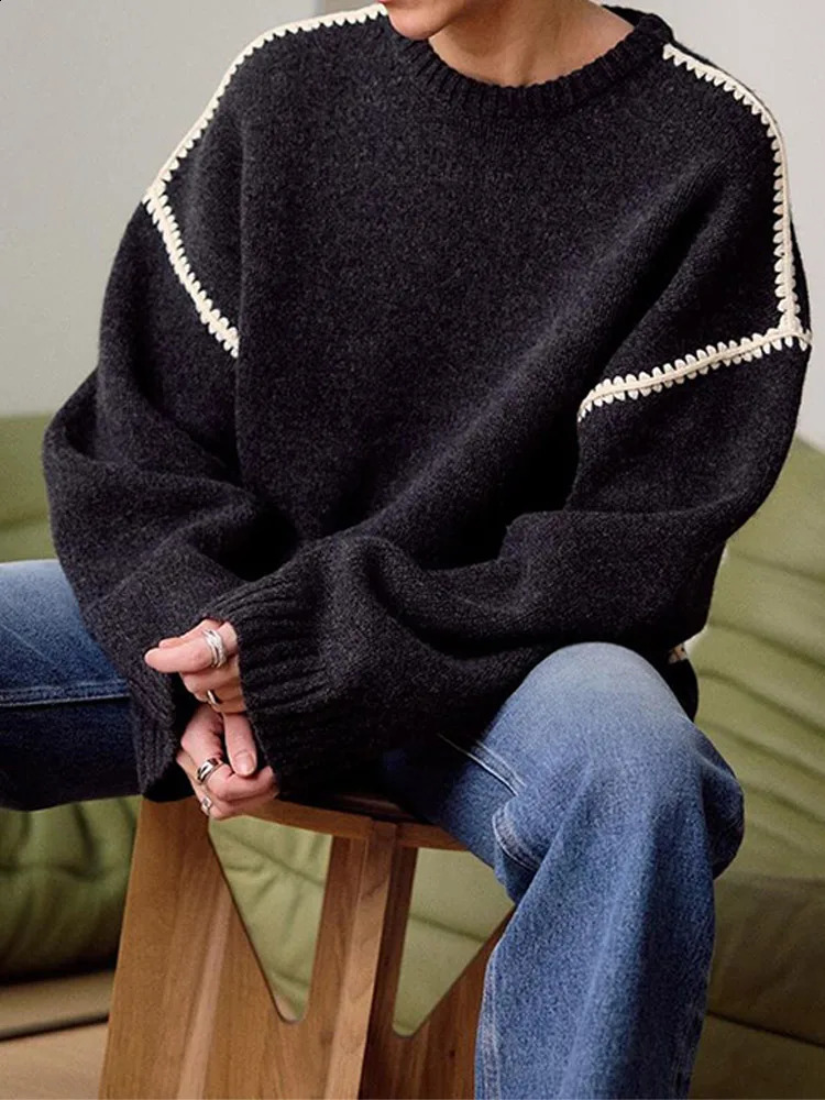 2024 Women Chic Solid O Neck Patchwork Sweater Casual Long Sleeves Loose Knitted Pullover Autumn Winter Lady Fashion Knitwear 240903