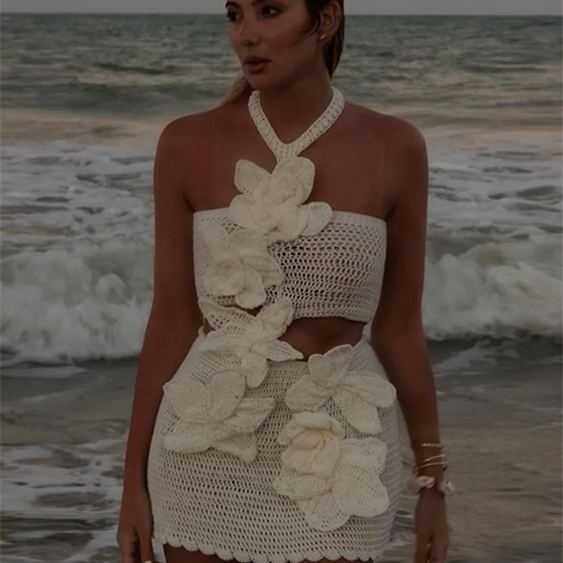 3D Flower Knitted Mini Dresses For Women Backless Hollow Out Lace Up Short Dress Fashion Slim Chic Beach Female 240903