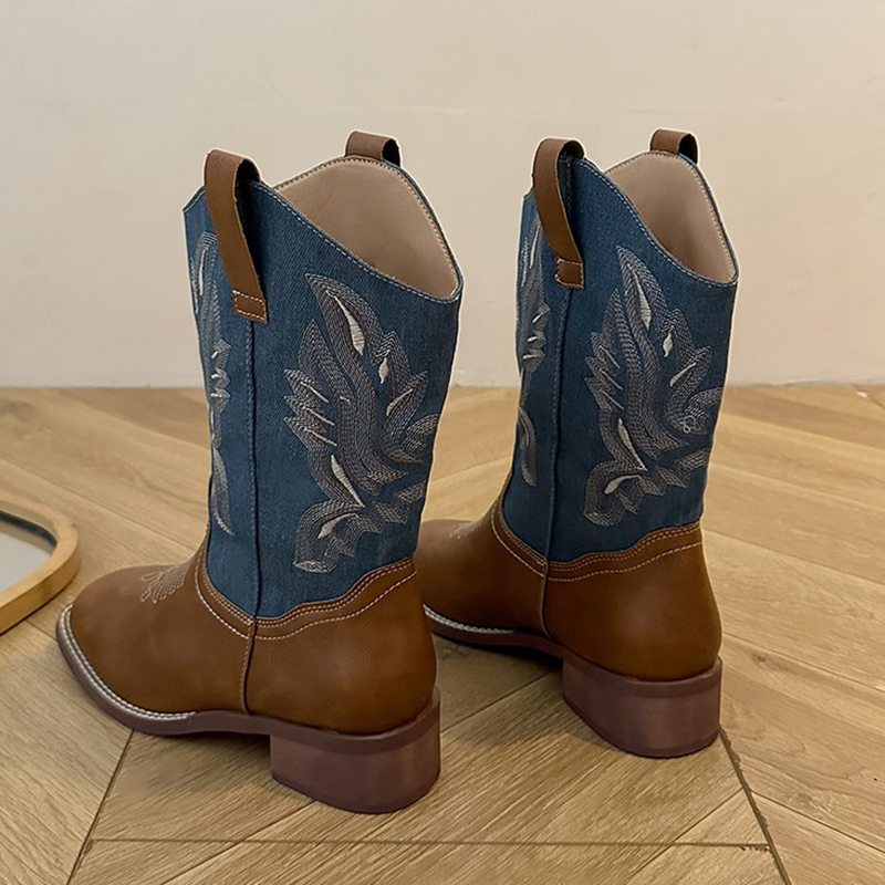2024 Autumn Western Cowboy Women's Patchwork Mid Calf Chunky Heel Classics Embroidered Slip On Faux Leather Boots f8f1