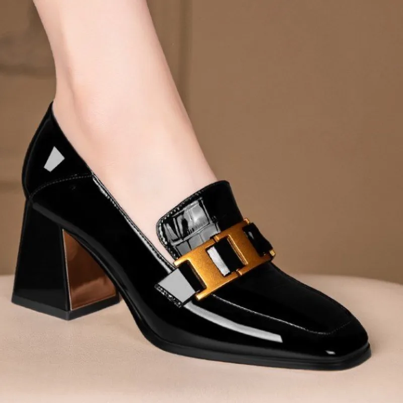 2025 new Pearl Women Pumps Black Patent Leather High Heels Fashion Square Toe Block Heel Thin Office Lady Slip-on Work Shoes 332e