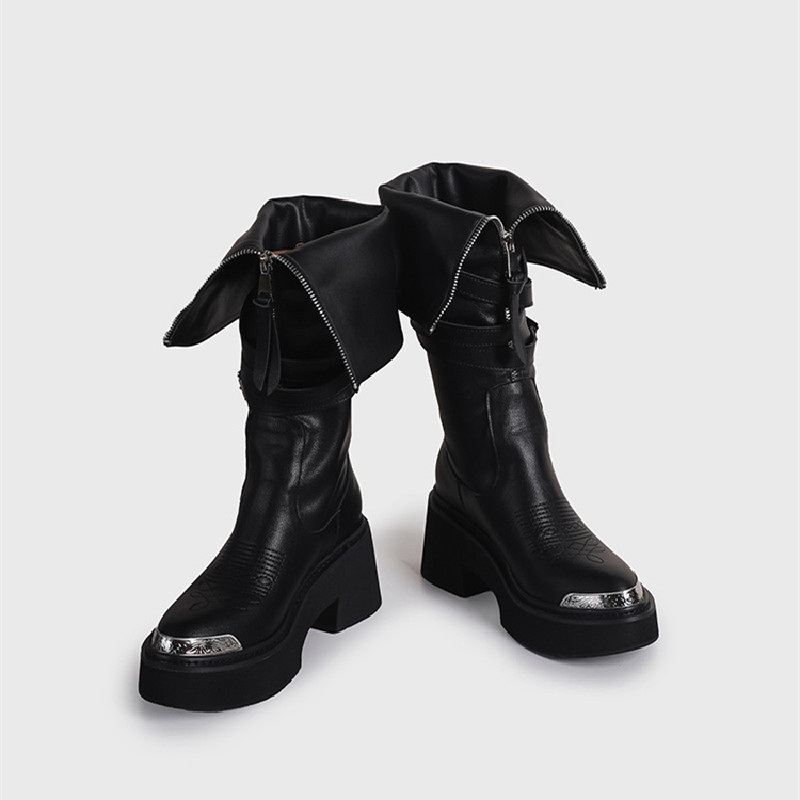 2025 new Boots Knee Woman High Platform Elegant Low Heel Trend Punk Gothic New Rock Leather Fashion Women's Shoes