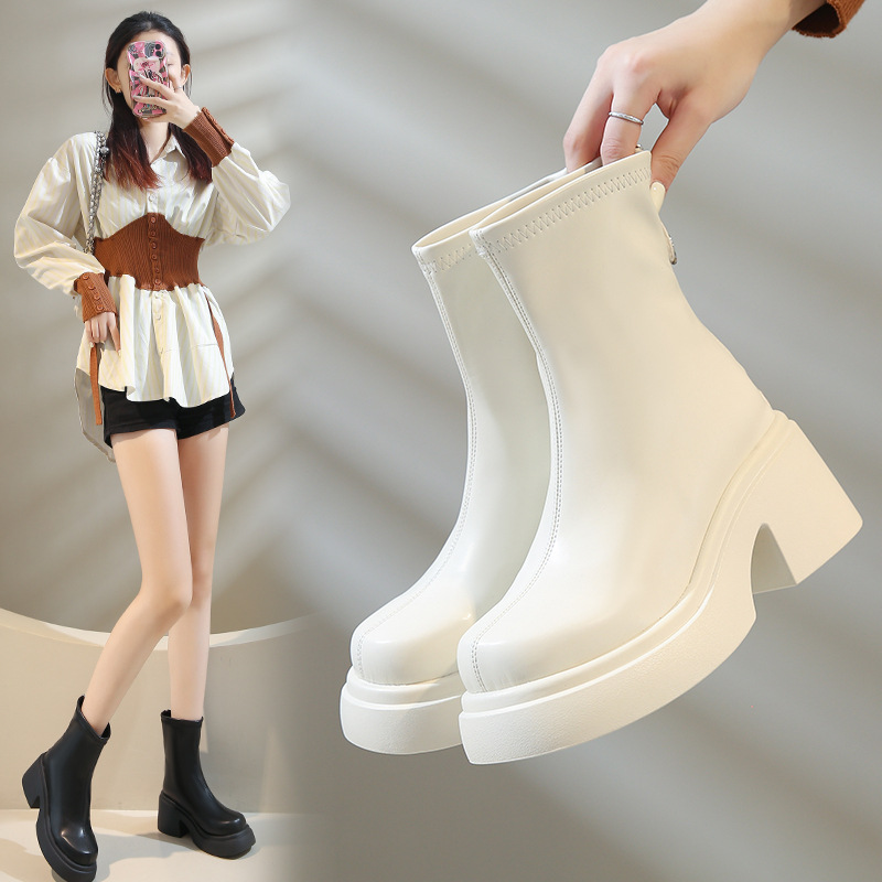 Style British Womens Short Boots Autumn Winter Soft Leather Platform Round Toe Back Zipper Chunky Heels Ankle Boot bfca