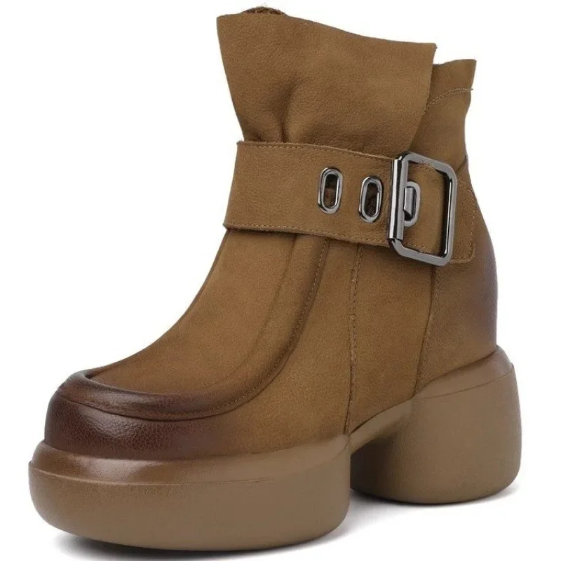 Brown 2024 Long Women Platform Elastic Soc British Wind Show Thin Metal Buckle Ankle Boots 35-40 3806