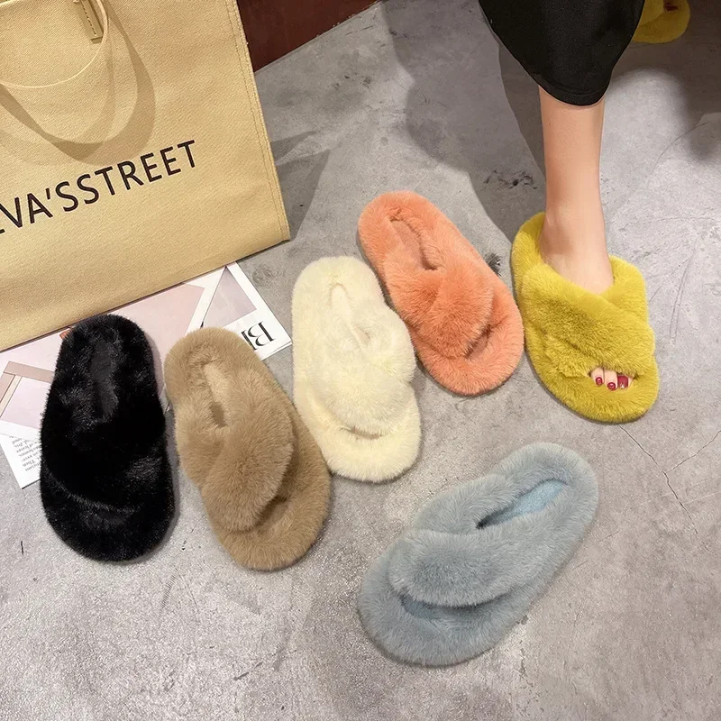 Women's Plush Slippers Wear Korean Version of Autumn/winter 2024 Home Comfort Warm Cotton Slippers Flat Shoes Slippers