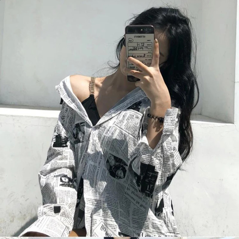 Gidyq Fashion Womens Chiffon Shirt Korean Casual spaper Printed Loose Top Bf Street Clothing Full Match 240814