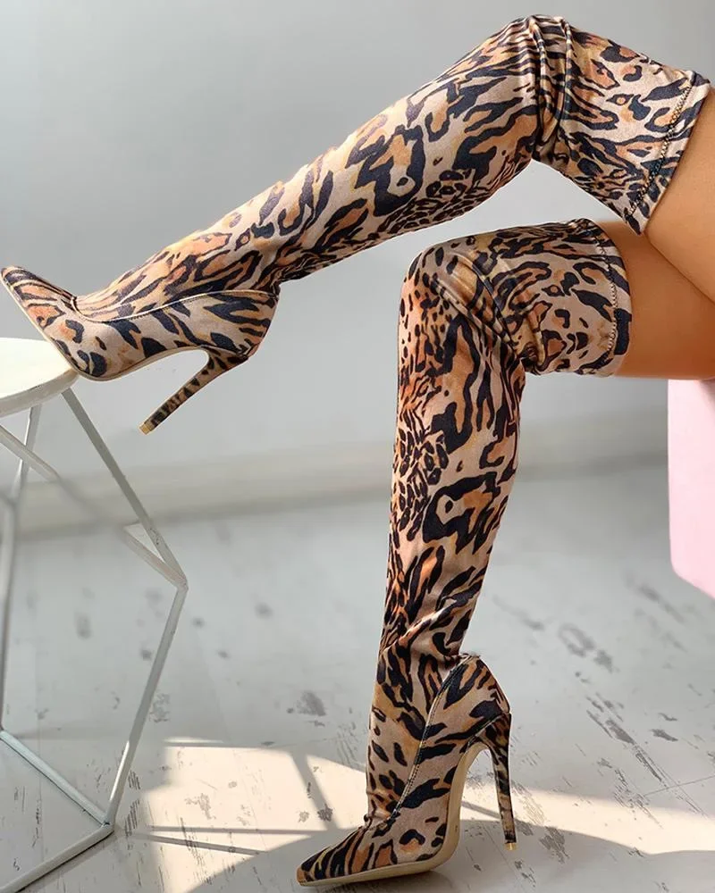High Boots Women's Leopard Print Thin Heeled Thigh Sexy Women Pointed Toe Over The Knee Boots Female Stiletto Heels Slim Thigh