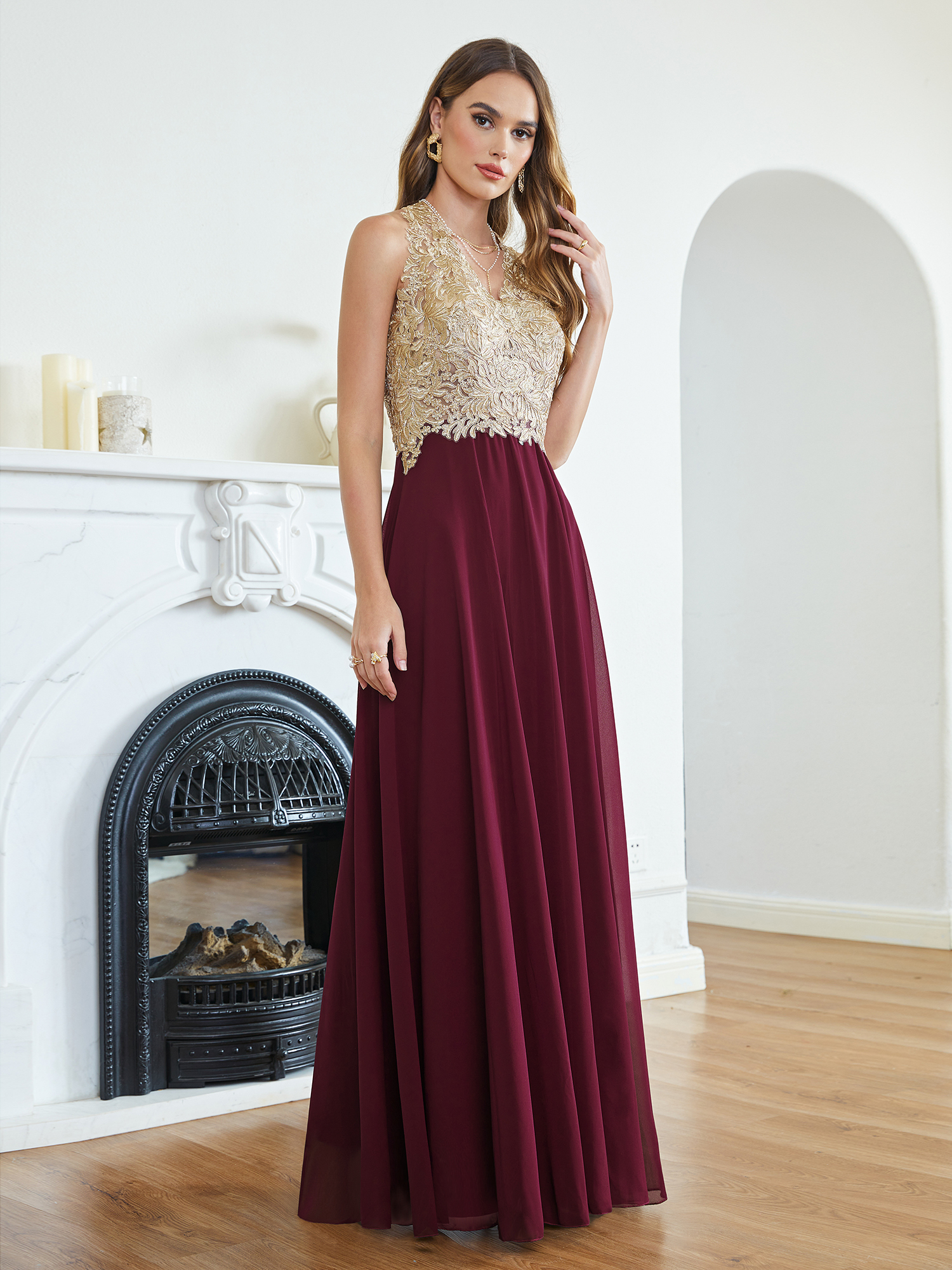 Elegant A E Chiffon Evening Dresses Gold Appliques Top V Neck Sheer Zipper Back Long Prom Party Gowns CPS1452