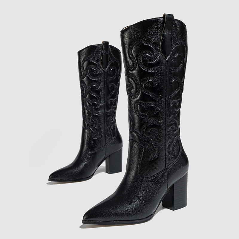 Liyke Fashion Embroidery Women Western Knee High Boots Sier Pointed Toe Low Square Heels Autumn Winter Shoes atos Mujer