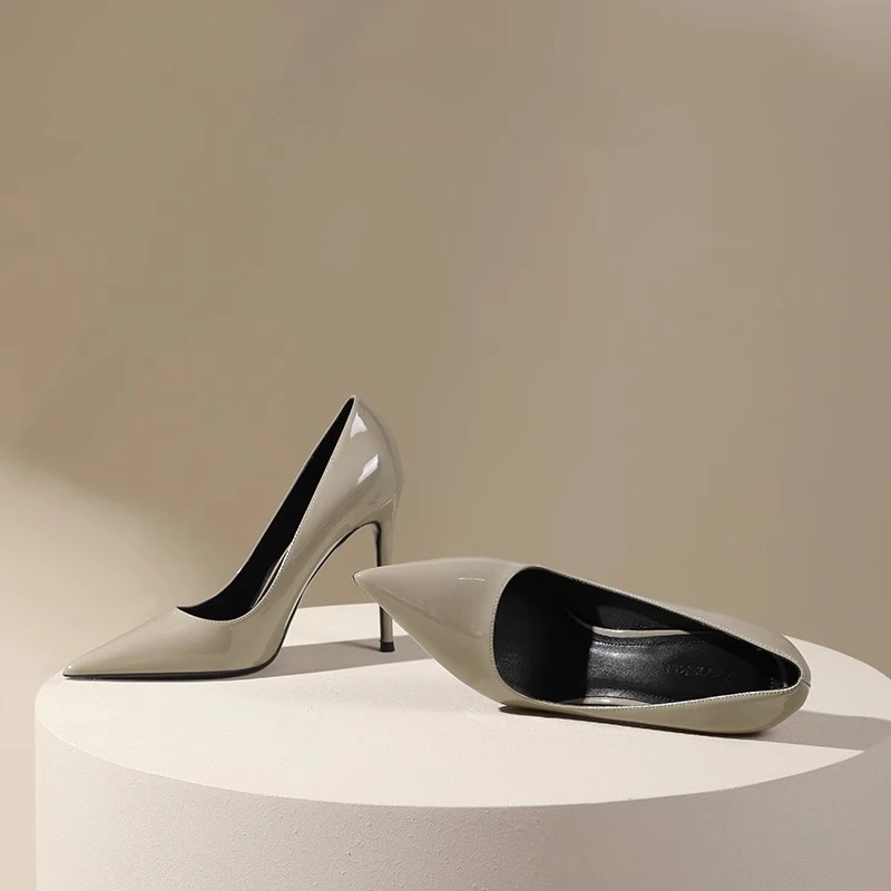 Pointed High Heels Women's 2024 Spring New Grey Elegant Skirt Thin Heel Professional Commuting Leather Shallow Mouth Shoe