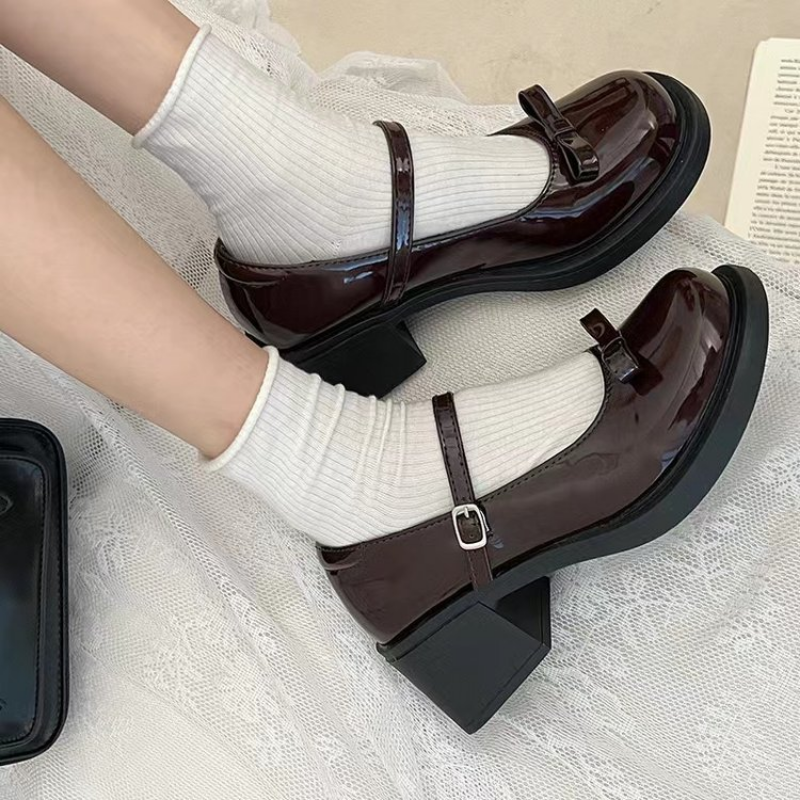 2025 new Jane Mary Vintage Bow Black Pumps Woman Buckle Non-Slip Casual Medium Heels Office Ladies Solid Elegant Dress Shoes 1af2