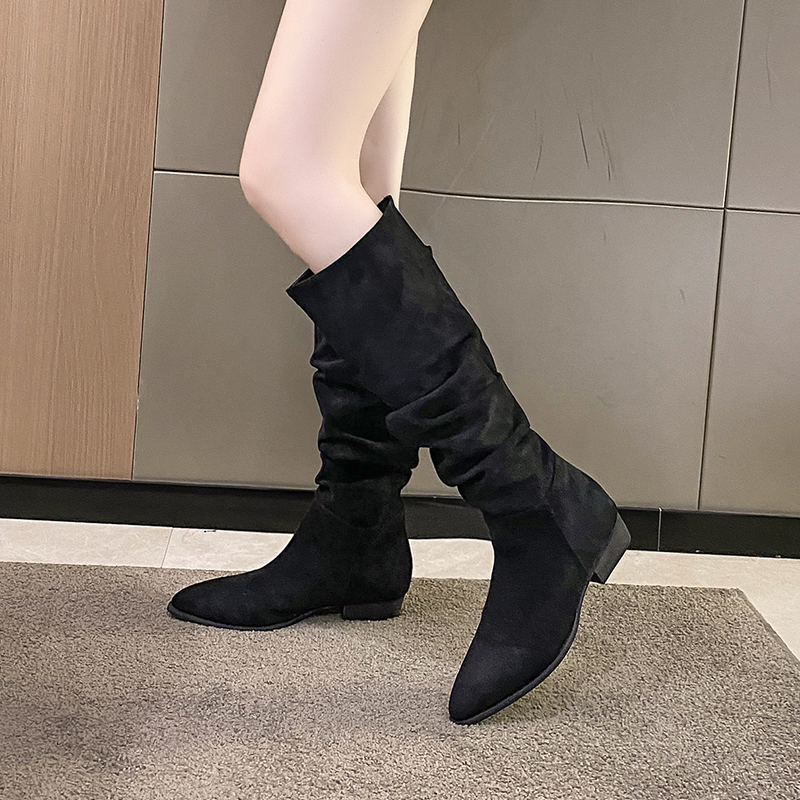Western New Cowboy Boots for Women Pointed Toe Brand Suede Leather Shoes Knee High Chunky Heel Comfy Walking Boot Woman 9ed3