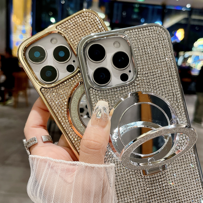 Luxury Bling Glitter Plating Full Diamond Magnetic For Magsafe Grip Make Up Mirror Hide Bracket Ring Stand Shockproof Case for iPhone 12 13 14 15 16 P