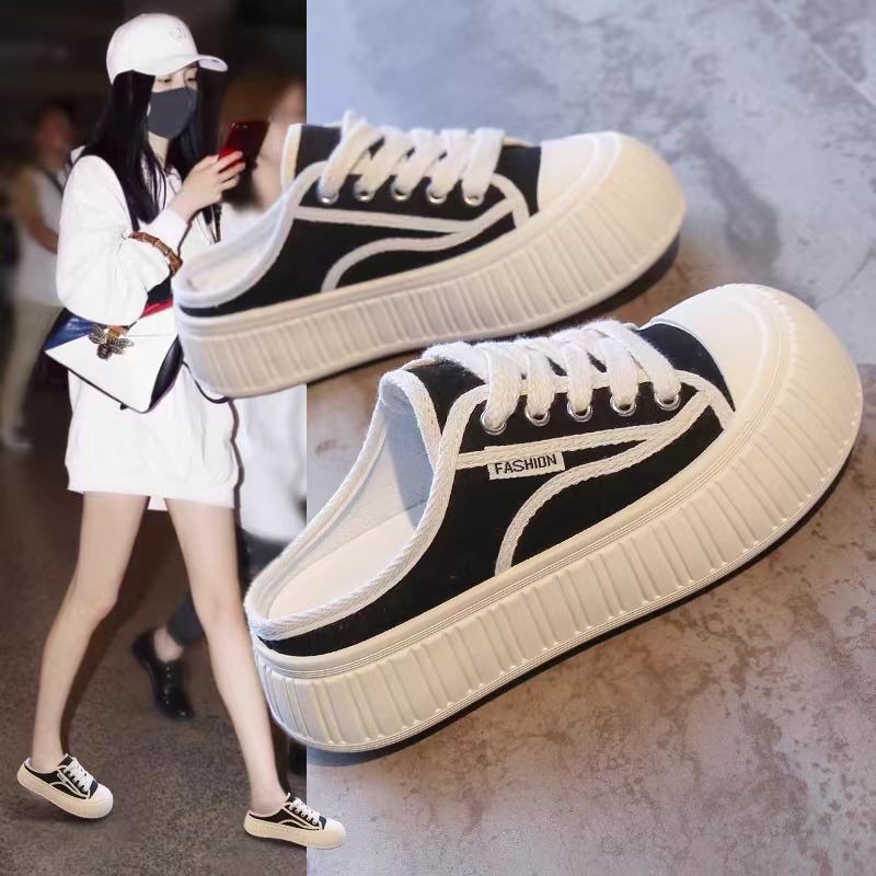 Spring Canvas Autumn New Heelless Fashion Casual Women Vulcanized Thick Sole Half Slippers 5e15
