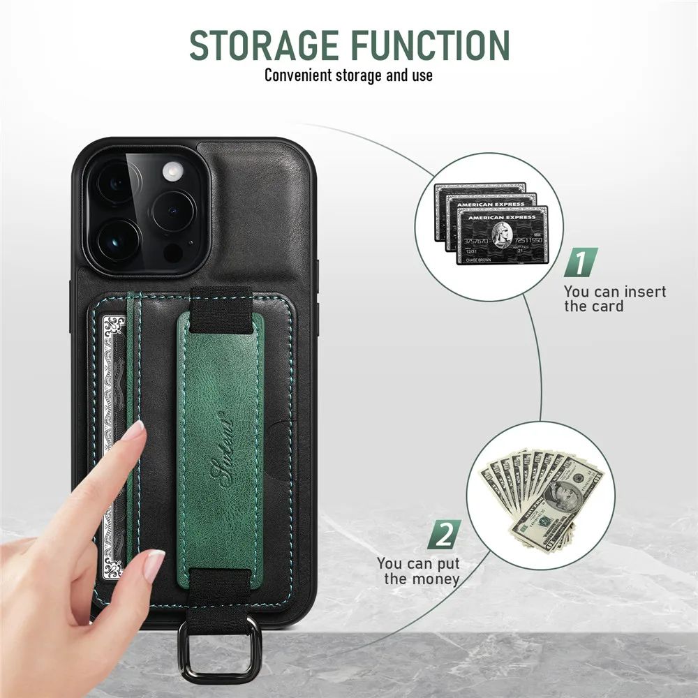 Luxury Slim Premium Leather Phone Case For iPhone 16 15 14 13 11 12 Pro XS Max XR X Wrist Strap Wallet Card Holder Slots Kickstand Cover