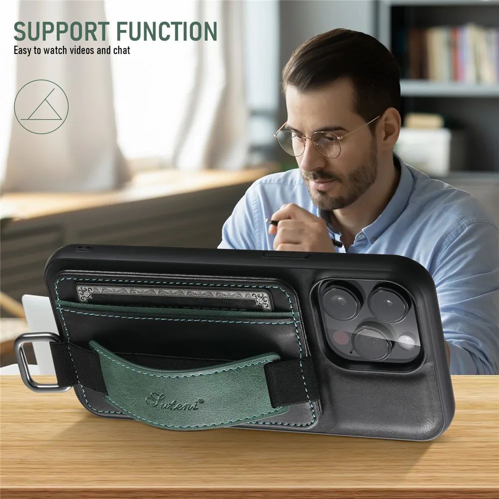 Luxury Slim Premium Leather Phone Case For iPhone 16 15 14 13 11 12 Pro XS Max XR X Wrist Strap Wallet Card Holder Slots Kickstand Cover