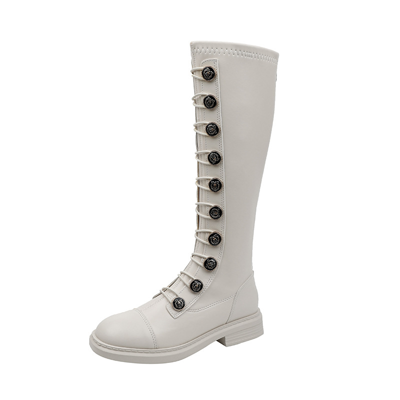 2025 Winter Stovepipe Long Boots Woman Knee High Motorcycle Shoes Lady Medal Button Stretch Tied Patchwork Leath 7f4e