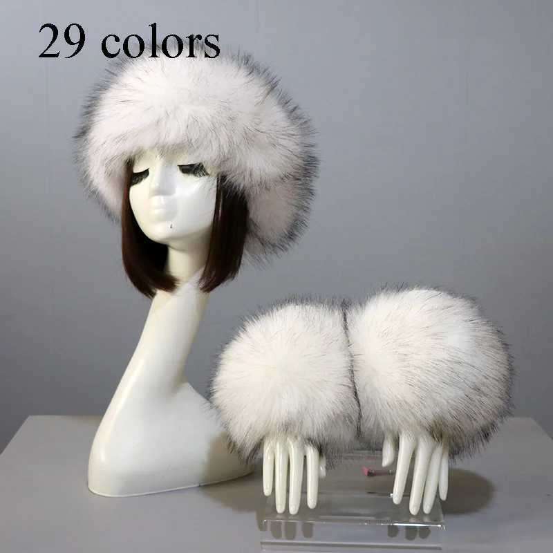Beanie/Skull Caps 3 pieces/set womens winter faux fox fur headband hat cuffs fashionable and warm womens wristband gloves faux fur hat Russian style T240905