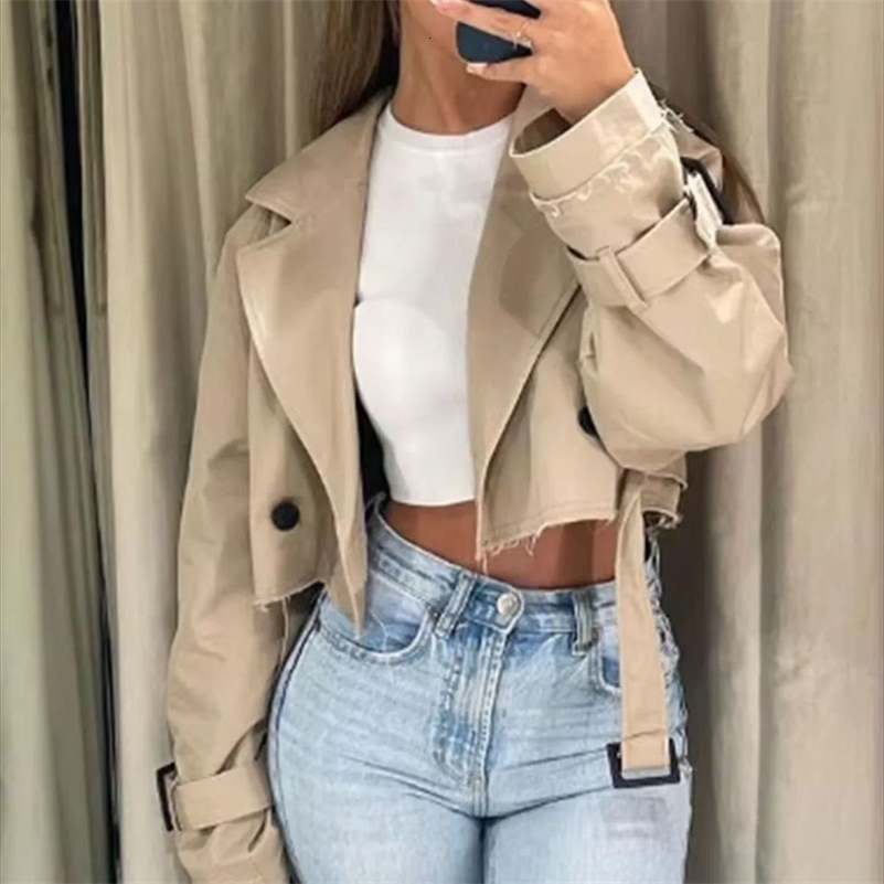 Women Fashion Belt Cropped Coat Long Sleeve Turn Down Collar Short Jacket Vintage Chic Double Breasted Trench Coats Lady Outfit y240903