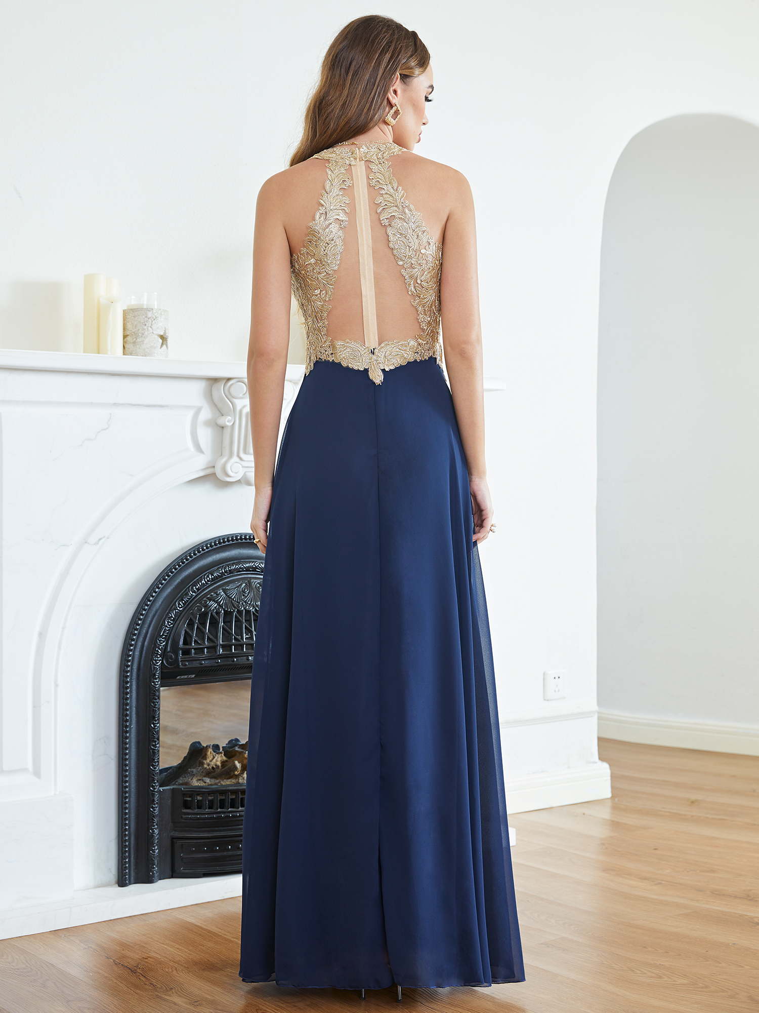 Elegant A E Chiffon Evening Dresses Gold Appliques Top V Neck Sheer Zipper Back Long Prom Party Gowns CPS1452