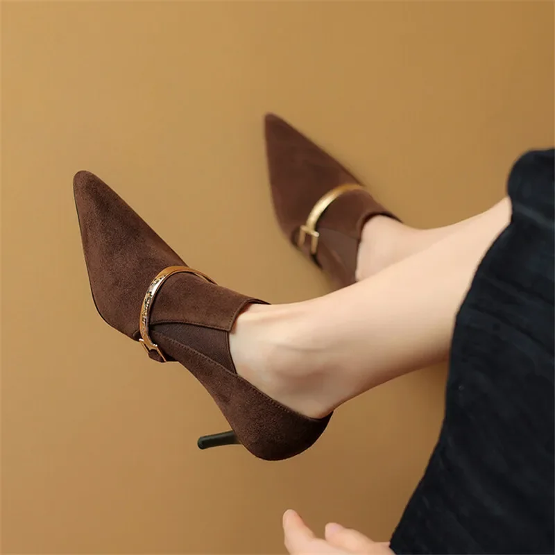 New 2024 Spring Sheep Suede Pointed Toe Pumps Shoes for Women Deep Mouth New Loafers High Heels atos De Mujer 8f97