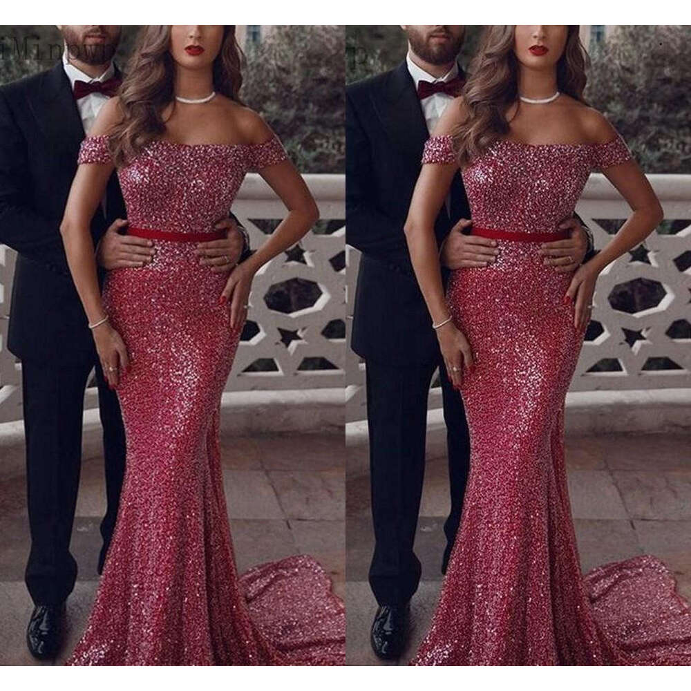 Evening Red Mermaid Dresses Sparkly Sequins Ribbon Off The Shoulder Sweep Train Custom Made Plus Size Dubai Arabic Prom Party Gown Vestidos