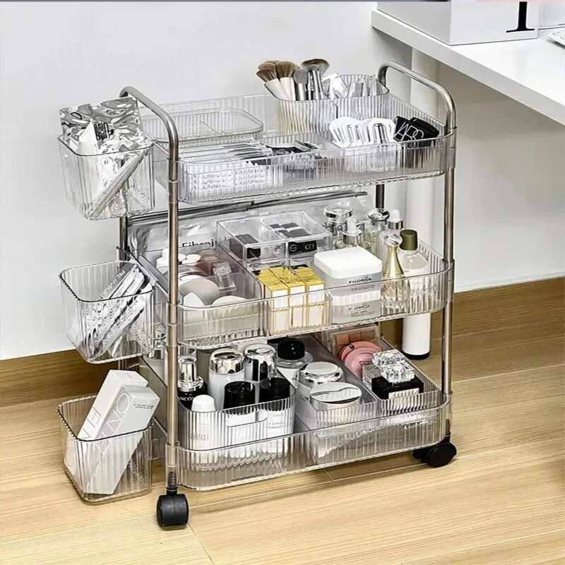2/3 Tiers Rolg Cart Transparent Acrylic Trolley Mobile Shelf with Wheel Multi-Layers Storage Rack