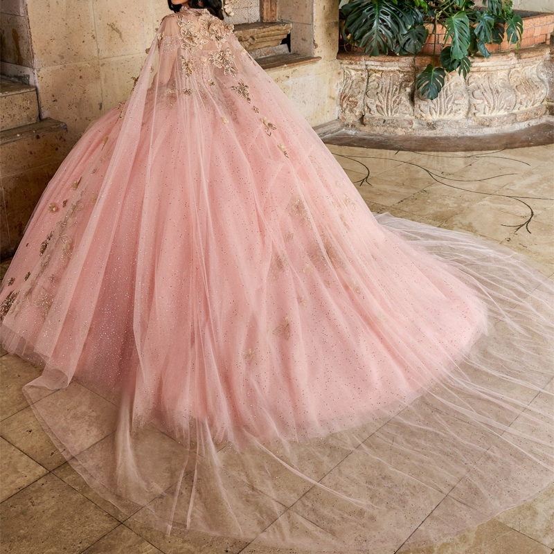 Pink Shiny Princess Ball Gown Elegant Quinceanera Dresses Birthday Party Gold Applique wer Tull With Cape Sweet 16 Dress Vestido 15 De