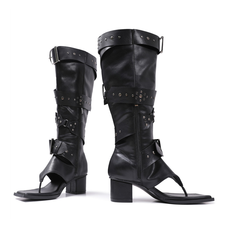 style Fashion Ins Rivet Metal Buckle Clip-on Women Knee Boots Casual Thick High heels Square toe Leather Long Booties Shoes 1f7d