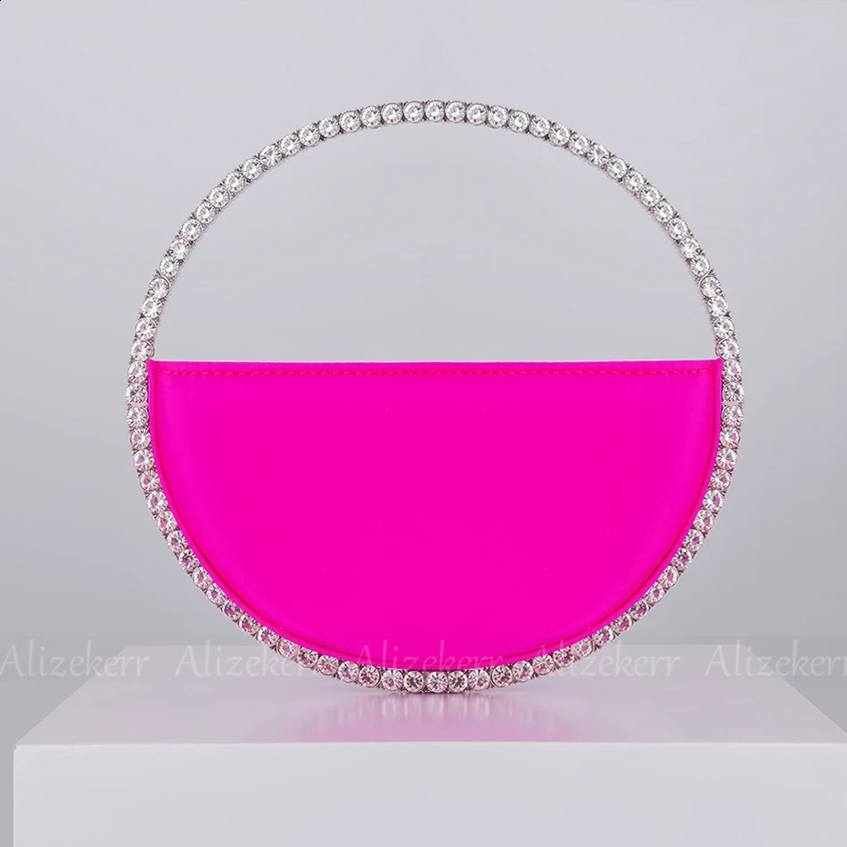 Circular Glittering Crystal Satin Evening Bags Women Metallic Handle Rhinestone Clutch Purses And Handbags Wedding Party 240903 - view 4