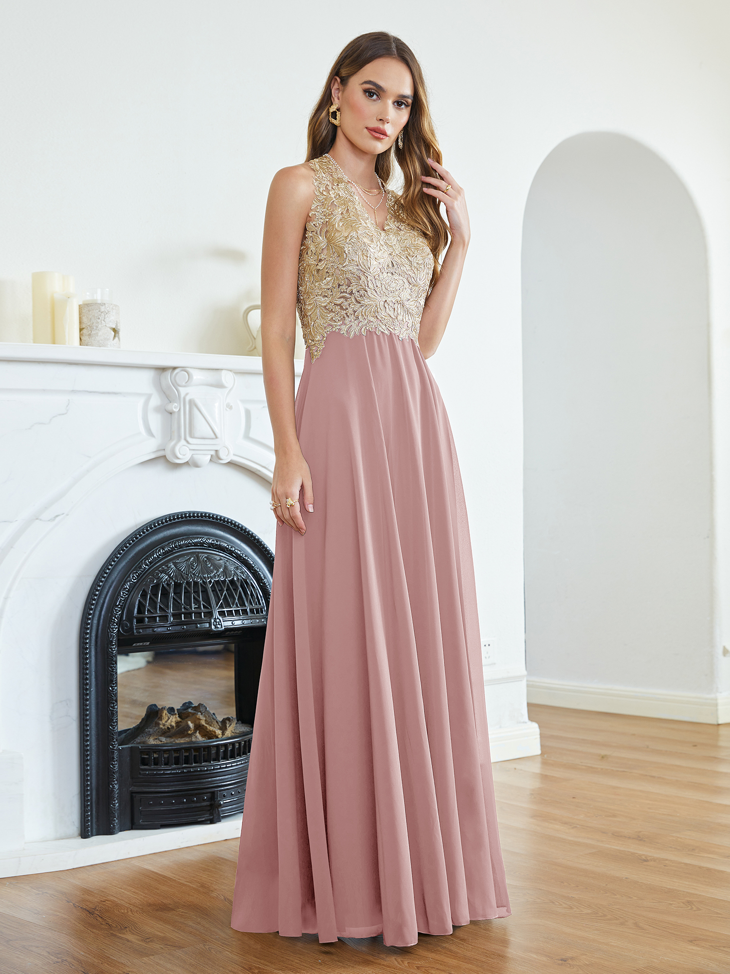 Elegant A E Chiffon Evening Dresses Gold Appliques Top V Neck Sheer Zipper Back Long Prom Party Gowns CPS1452