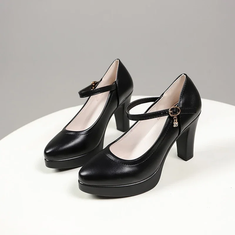 Strap Ankle Thick Heels Pumps for Women Pu Leather Office High Heeled Woman's Elegant Platform New Mary Jane Shoes Casual d904 Platm