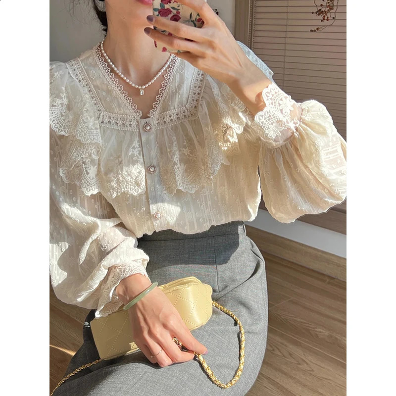 Vintage French Womens Shirt Lace Lolita Elegant Long Sleeve Flounce High Quality Office Fashion Top 240814
