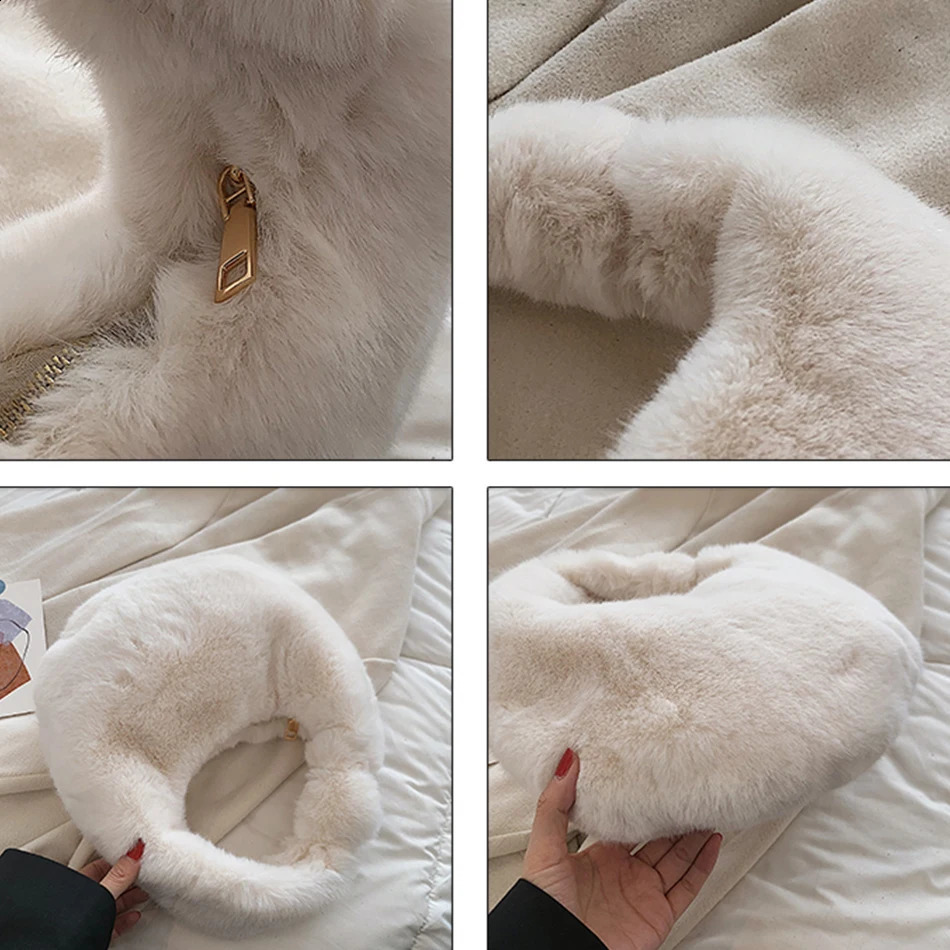 Fur womens small half moon bag warm plush wrist bag womens fashionable fur short handle clutch cute womens coin wallet 240904