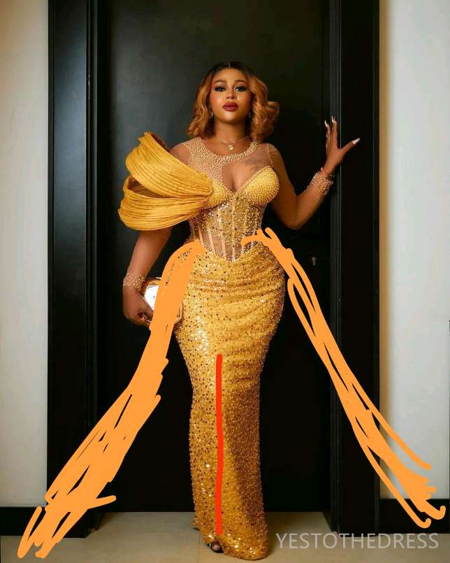 2024 Detachable Train for Aso Ebi Gold Prom Dresses for Special Occasions Sheer Neck Illusion Long Sleeves Beaded Sequined Lace Pearls Birthday Dress 