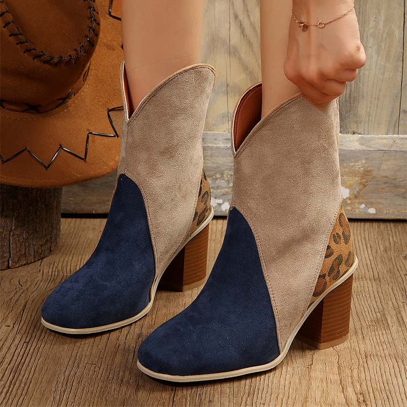 Patchwork Womens Fashion Ankle 2024 Autumn New Thick Heels Western Faux Suede Anti-Slip Plus Size 43 Short Boots 4278