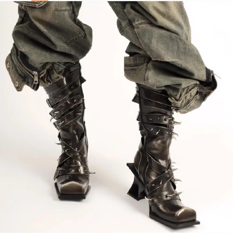 Wasteland Style 2024 Vintage Trouser legs Western Boot Black Knee High Boots Women Brown Maillard New Rivets Punk Winter Shoes