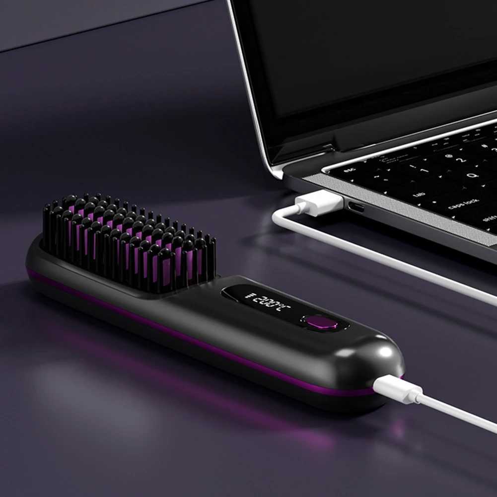 Electric Hair Straightener Brush Ceramic Heating Electric Brush Cordless Anti-Scald Ionic Hot Comb LED Display Hair Straightener W250814